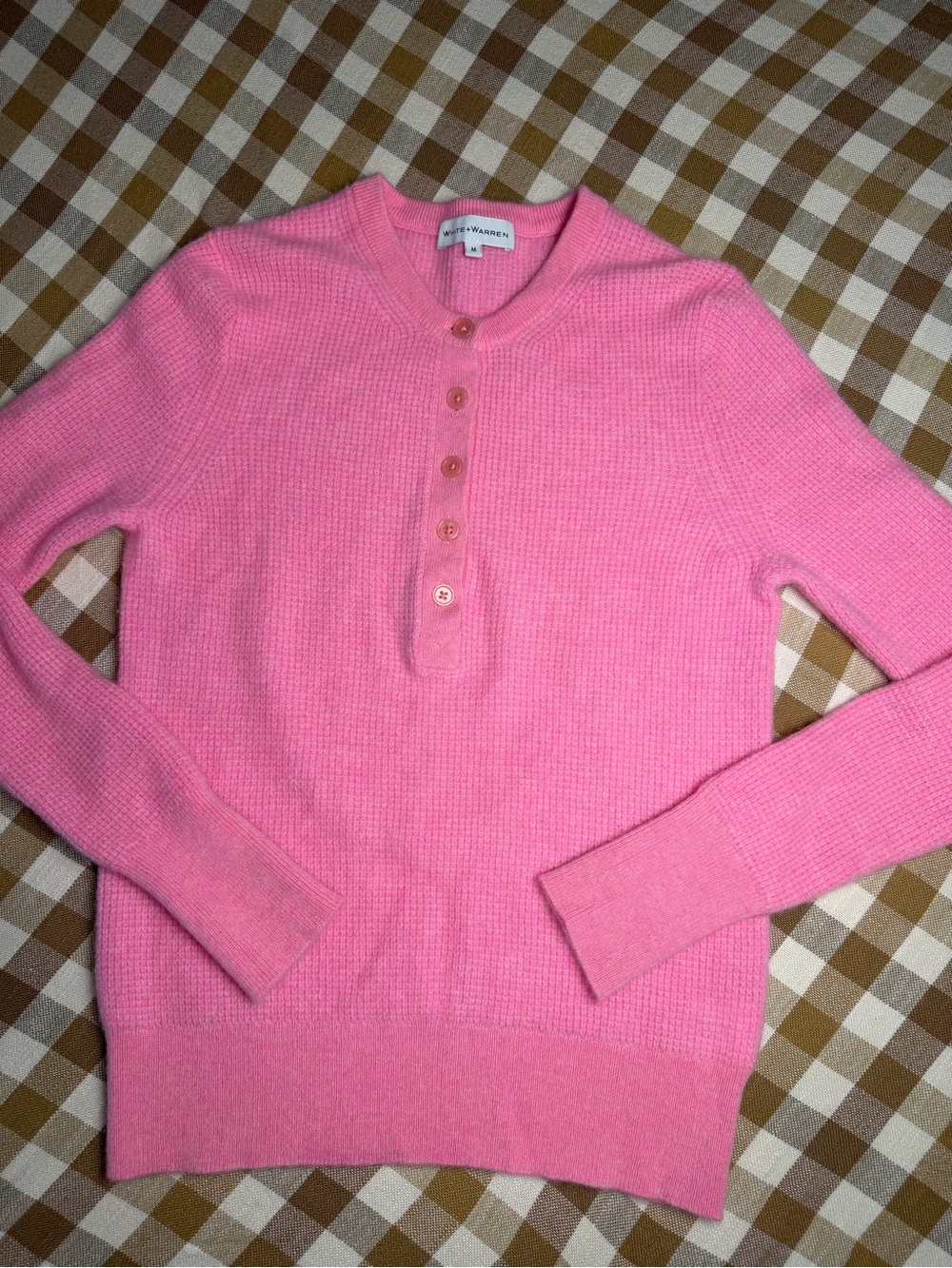 White + Warren 100% Cashmere Pink Waffle Knit Henley Sweater M - Picture 5 of 10